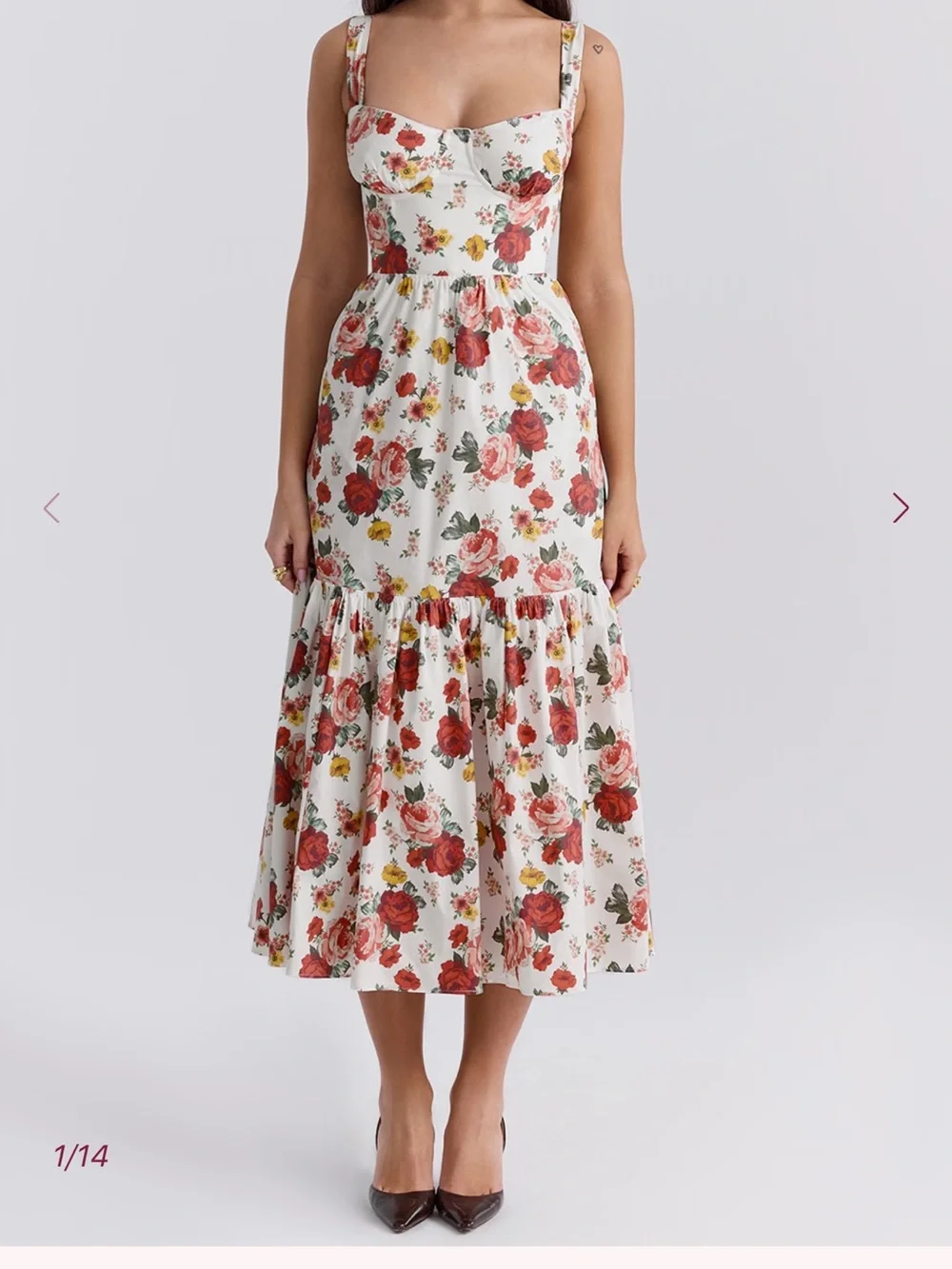 House of CB White Floral Midi Dress with Red and Yellow Blooms - Picture 1 of 2